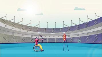 Handicap Man Taking Aim from Bow Arrow in Dartboard on Stadium Background. vector