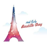 14th July Bastille Day Calligraphy with Bokeh Effect Eiffel Tower on White Background. vector