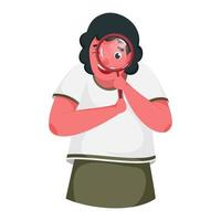 Cartoon Character Of Girl Searching From Magnifying Glass On White Background. vector