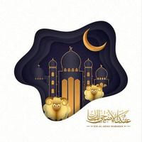 papel capa cortar antecedentes con mezquita, dos dibujos animados oveja, creciente Luna y dorado Arábica caligrafía de Eid al-Adha Mubarak texto. vector