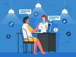 Cartoon Man Talking To Doctor Woman In Laptop At Home With Medical Elements On Blue Background. vector