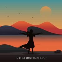 mundo mental salud día póster diseño con hembra apertura su brazos en hermosa amanecer paisaje antecedentes. vector