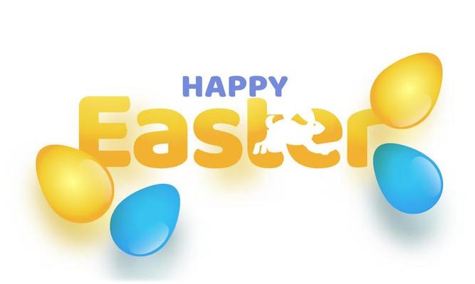 Happy Easter Text with Rabbit Running and Glossy Eggs on White Background.