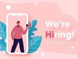 Faceless Man Online Job Vacancy Announcement in Smartphone Screen with Leaves on Pastel Pink Background for We're Hiring. vector