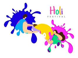 Cartoon Man and Woman Enjoying and Playing with Colors on the Occasion of Holi Festival. vector