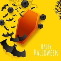 Happy Halloween Poster Design with Top View of Coffin Box, Black Pumpkins, Bare Trees and Flying Bats Group on Yellow Background. vector