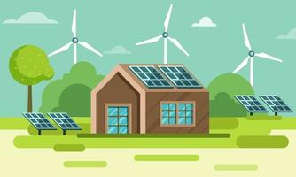 rural zona o campo ver con casa ilustración, solar paneles y molinos de viento en verde naturaleza antecedentes. vector