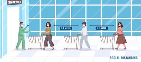 Checking Body Temperature Before Shopping And Sanitize People Maintaining Social Distance In Queue With Trolley. vector