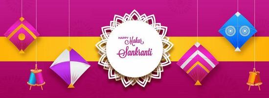 Happy Makar Sankranti Font On Paper Mandala Frame With Hanging Kites, String Spools Decorated Pink And Yellow Background. vector