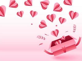 Paper Cut Hearts Popping Out From Gift Box with Ribbons on Glossy Pink and White Background. vector