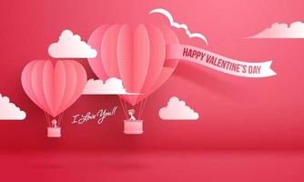 Cute Boy saying I Love You to His Girlfriend flying from Hot Air Balloon in Paper Cut for Happy Valentine's Day. vector