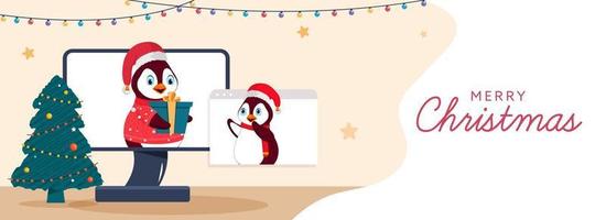 Cartoon Penguin Giving Online Gift To Their Friends Through Desktop And Decorative Xmas Tree On The Occasion Of Merry Christmas. vector