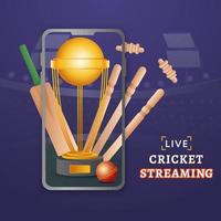 Live Cricket Streaming in Smartphone with Realistic Bat, Ball, Wicket Stumps and Golden Winning Trophy on Purple Background. vector