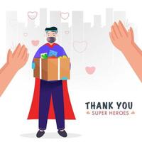 Superhero Delivery Boy wearing Protective Mask with Face Shield, Holding Grocery Box and Clapping Hands to Appreciate on White Cityscape Background. vector