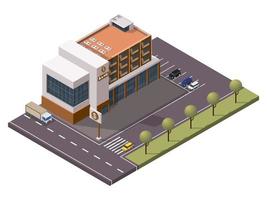 Isometric Bank Building with Signboard and Car Parking in Front of Street Yard View. vector