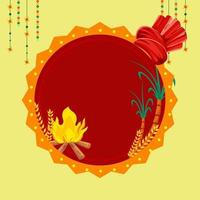 Illustration Of Bonfire With Wheat Ears, Sugarcane, Turban And Red Empty Circular Frame On Yellow Background. vector