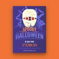 Spooky Halloween Template or Flyer Design with Mummy Face and Venue Details. vector