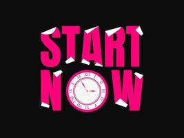 Pink Paper Cut Start Now Text with Clock on Black Background. vector