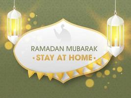 Social Message To Stay At Home in Ramadan Mubarak Festival with Hanging Illuminated Lanterns on Green Arabic Pattern Background. vector