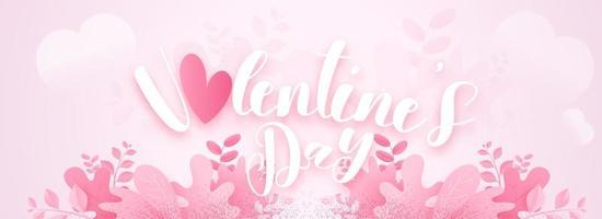 papel cortar San Valentín día fuente con rosado corazón y otoño hojas decorado en pastel rosado antecedentes. encabezamiento o bandera diseño. vector