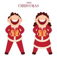 Cheerful boy and girl holding gift boxes with look at upwards on the occasion of Merry Christmas. vector