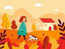 linda niña caminando con perro personaje en frente de casa en vistoso naturaleza antecedentes. vector