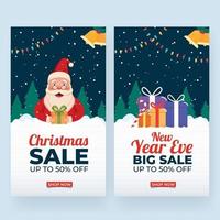 Christmas And New Year Eve Sale Template Design With 50 Discount Offer And Gift Boxes On Snowfall Background. vector