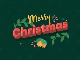 Merry Christmas Text with Jingle Bell, Berries and Leaf Vine on Green Background. vector