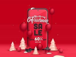 alegre Navidad rebaja póster diseño con 60 60 descuento oferta, 3d Navidad árboles, regalo cajas, globos y teléfono inteligente en rojo antecedentes. vector