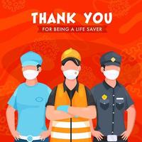 Thank You Police and Essential Workers for Being A Lifesaver on Red Background. vector