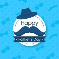 Happy Father's Day Badge with Mustache, Fedora Hat on Blue Dots Background. vector