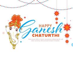 Happy Ganesh Chaturthi Font With Lord Ganpati Face And Flowers Hang On White Background. vector