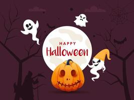 Full Moon Purple Forest Background With Cartoon Funny Ghosts, Jack-O-Lantern And Silhouette Grim Reaper On The Occasion Of Happy Halloween. vector