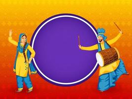 Illustration Of Punjabi Couple Doing Bhangra Dance With Dhol Instrument And Violet Empty Circular Frame On Orange Background. vector