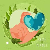 Illustration of Human Hand Holding Heart Shape Earth Globe with Leaves on Green Background for Save The Planet Concept. vector