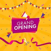 Grand Opening Poster Design with Loudspeaker and Ribbon Cutting Scissor on Yellow Rays Background. vector