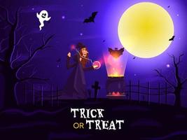 Illustration of Witch Doing Magic from Wand with Boiling Cauldron, Bats and Ghost on Full Moon Graveyard Background for Trick Or Treat. vector