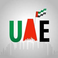 UAE Text With Wavy National Flag On Grey Silhouette Monuments Or Buildings Background. vector