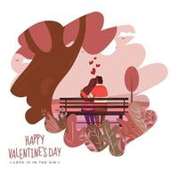 Back View of Young Couple Sitting Together on Bench in Abstract Garden View for Happy Valentine's Day Celebration. vector