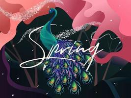 Spring Font written from White Brush with Peacock and Magic Waves on Paper Cut Abstract Forest View. vector