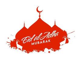 Eid al-Adha Mubarak fuente con silueta mezquita, cabras y rojo chapoteo efecto en blanco antecedentes. vector