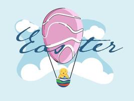 Easter Font with Chick Bird on Hot Air Balloon and Blue Cloudy Background. vector