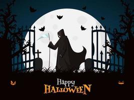 Full Moon Graveyard View Background with Flying Bats, Jack-O-Lanterns and Grim Reaper on the Occasion of Happy Halloween. vector