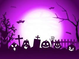 lleno Luna púrpura cementerio antecedentes con Jack-o-lanterns, volador murciélagos, esqueleto mano y de miedo árbol. vector