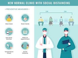 Social Distance In New Normal Clinic Concept Based Poster Design With Preventive Measures Details. vector