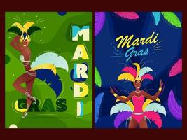 verde y azul mardi gras modelo diseño con mujer samba bailarín en resumen antecedentes. vector