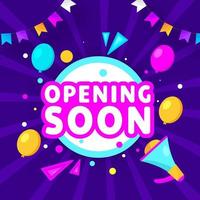 Sticker Style Opening Soon Text with Loudspeaker, Balloons and Bunting Flags on Purple Rays Background. vector