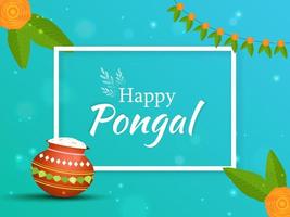 Happy Pongal Text With Rice Mud Pot, Flowers And Mango Leaves On Turquoise Background. vector