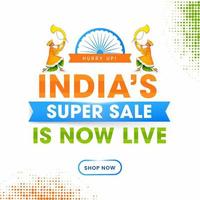 India's Super Sale Is Now Live Text With Tutari Players Character And Halftone Effect On White Background. Advertising Poster Design. vector