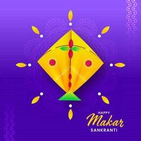 Happy Makar Sankranti Text With Yellow Kite Illustration On Purple Mandala Pattern Background. vector